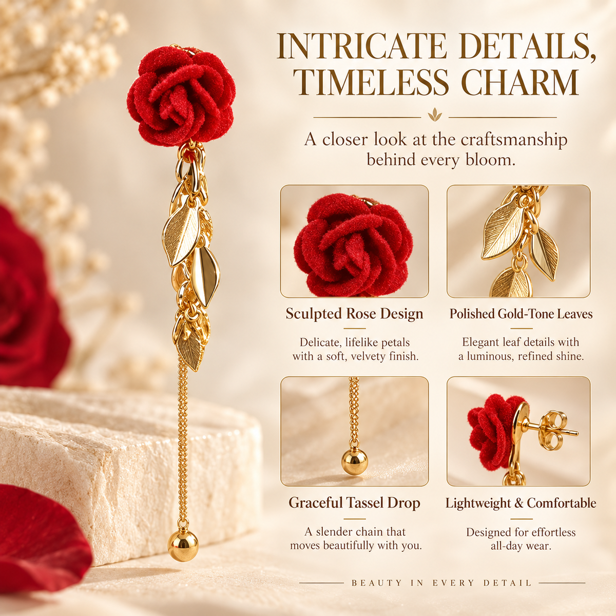 🔥TODAY ONLY — 80% OFF 🌹Romantic Rose & Gold Leaf Drop Earrings💎