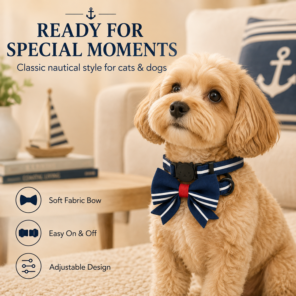 I-bestworld Nautical Bow Pet Collar – Adjustable Navy Decorative Collar for Cats and Small Pets