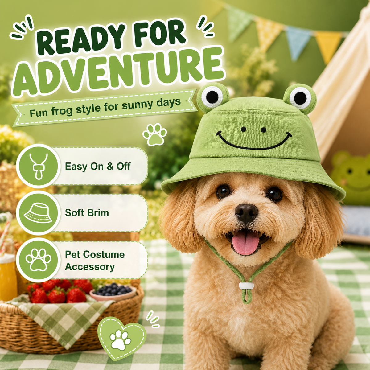 I-bestworld Frog Face Bucket Pet Hat – Green Adjustable Costume Hat for Cats & Dogs