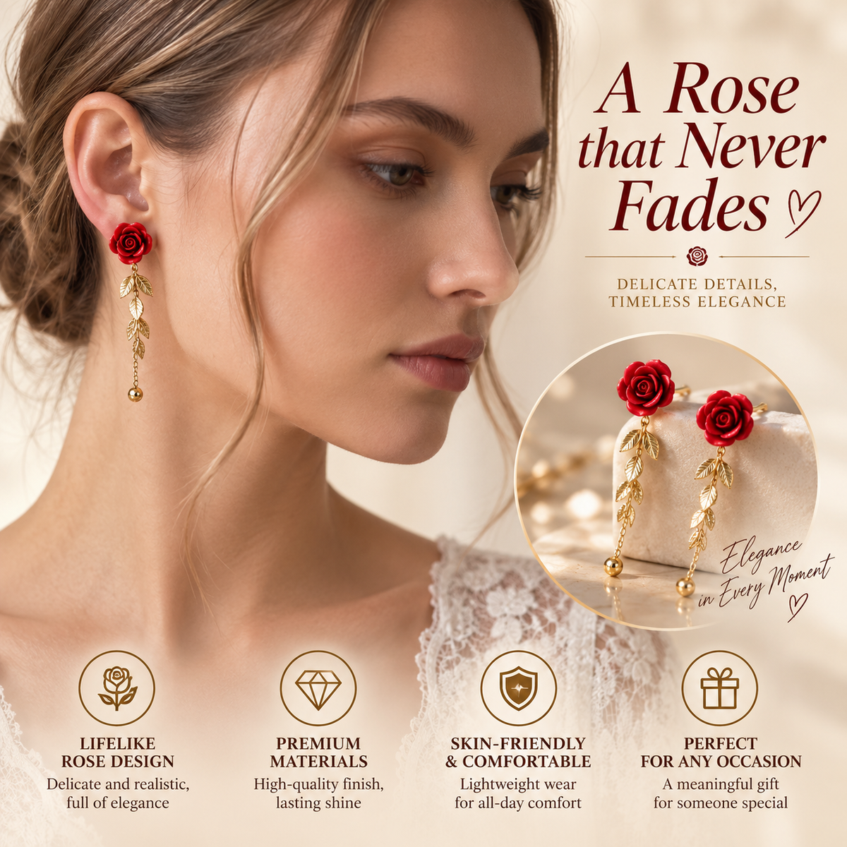 🔥TODAY ONLY — 80% OFF 🌹Romantic Rose & Gold Leaf Drop Earrings💎