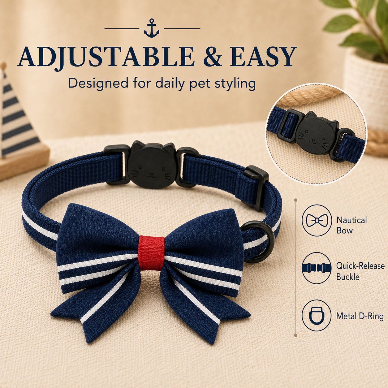 I-bestworld Nautical Bow Pet Collar – Adjustable Navy Decorative Collar for Cats and Small Pets