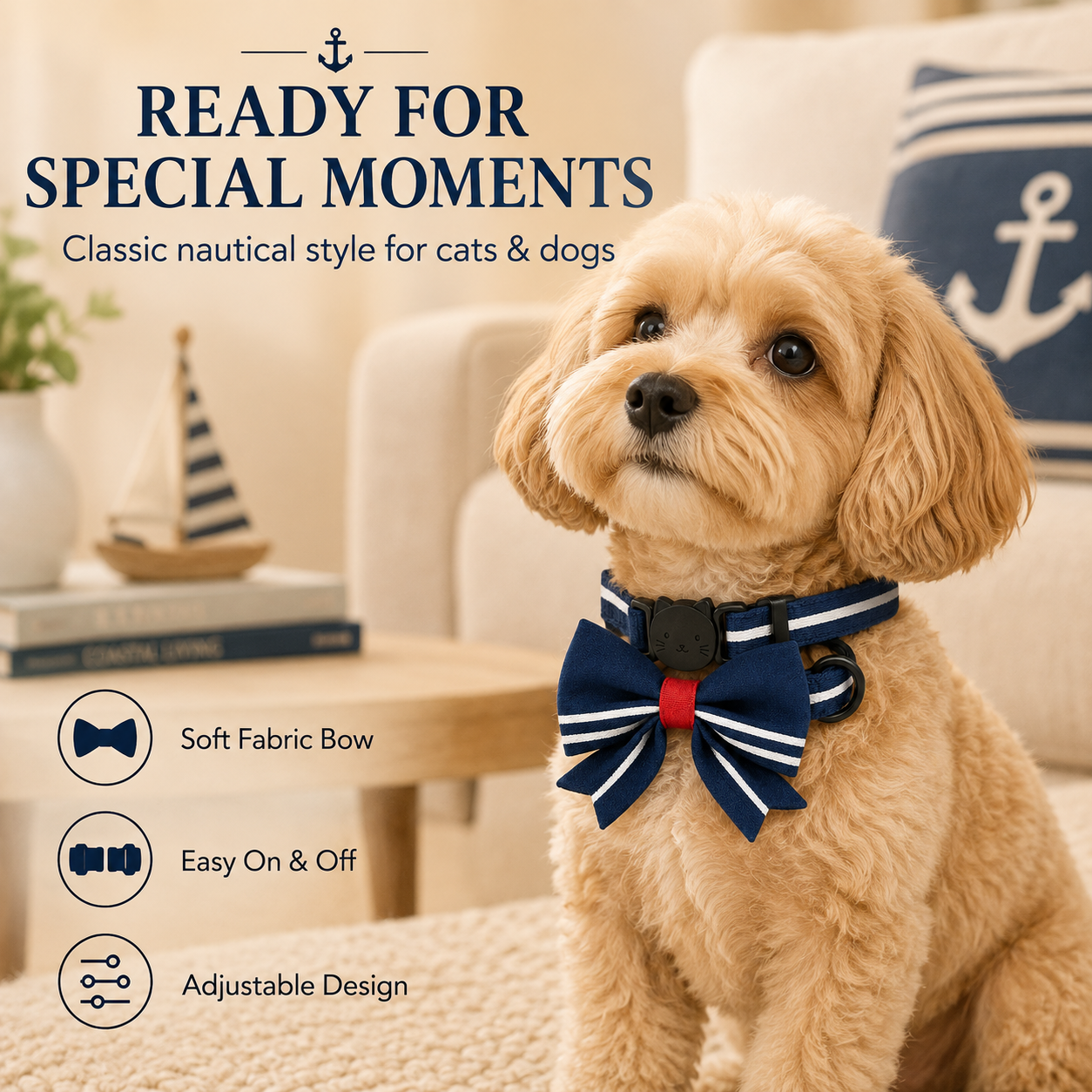 I-bestworld Nautical Bow Pet Collar – Adjustable Navy Decorative Collar for Cats and Small Pets