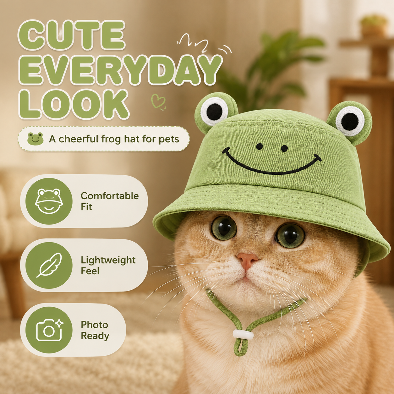 I-bestworld Frog Face Bucket Pet Hat – Green Adjustable Costume Hat for Cats & Dogs