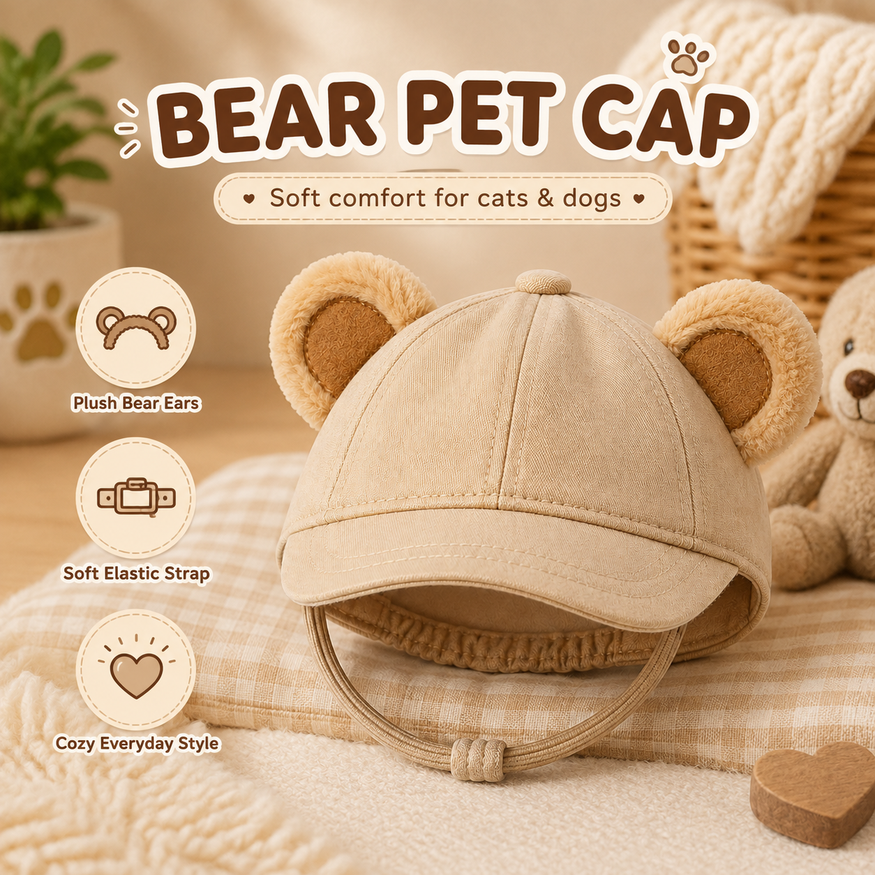 I-bestworld Bear Ear Pet Cap – Cute Beige Adjustable Hat for Cats and Small Dogs