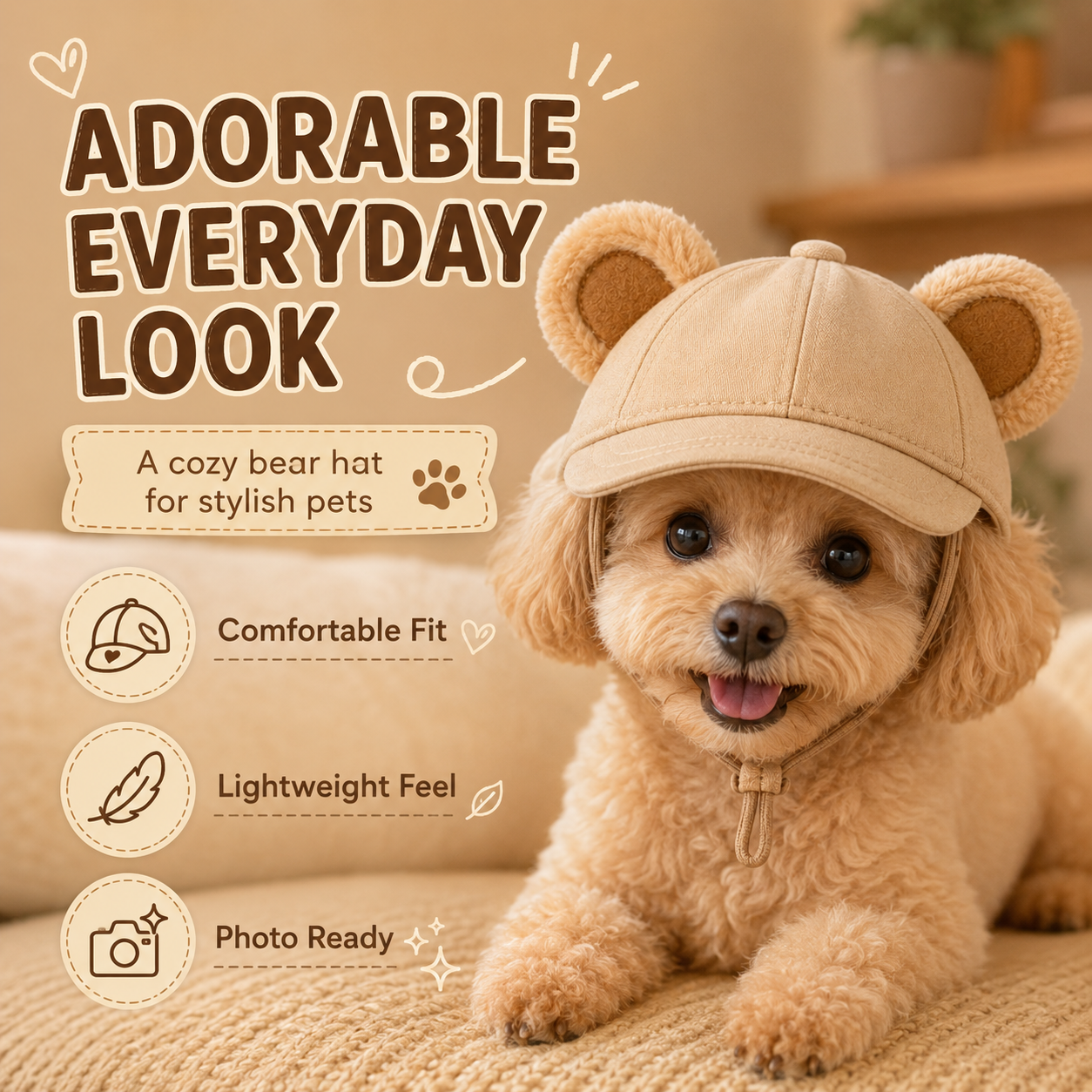 I-bestworld Bear Ear Pet Cap – Cute Beige Adjustable Hat for Cats and Small Dogs