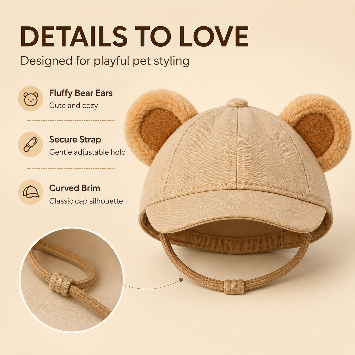I-bestworld Bear Ear Pet Cap – Cute Beige Adjustable Hat for Cats and Small Dogs