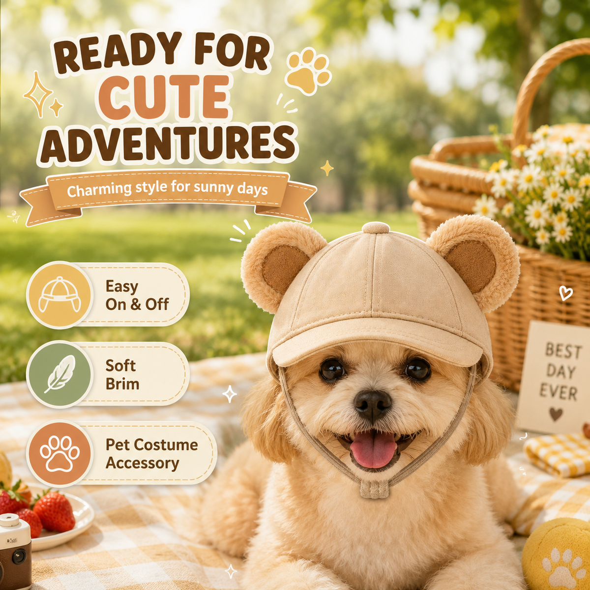 I-bestworld Bear Ear Pet Cap – Cute Beige Adjustable Hat for Cats and Small Dogs