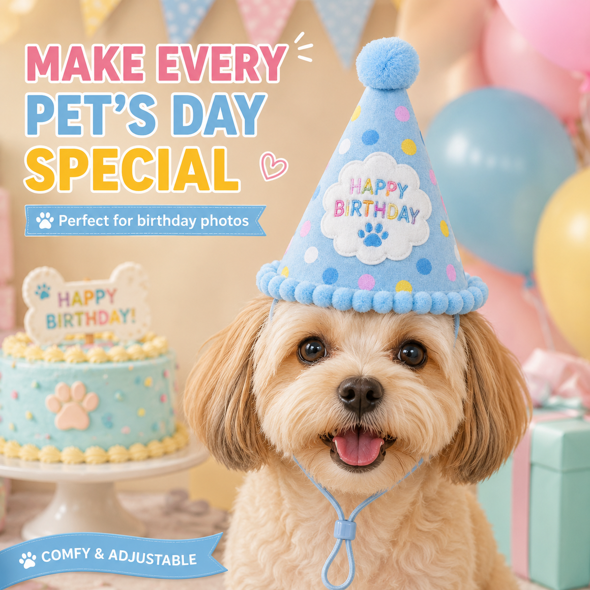 I-bestworld Happy Birthday Pet Party Hat – Blue Adjustable Celebration Hat for Cats & Dogs