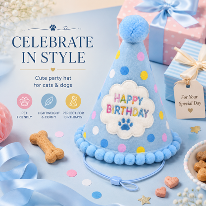 I-bestworld Happy Birthday Pet Party Hat – Blue Adjustable Celebration Hat for Cats & Dogs
