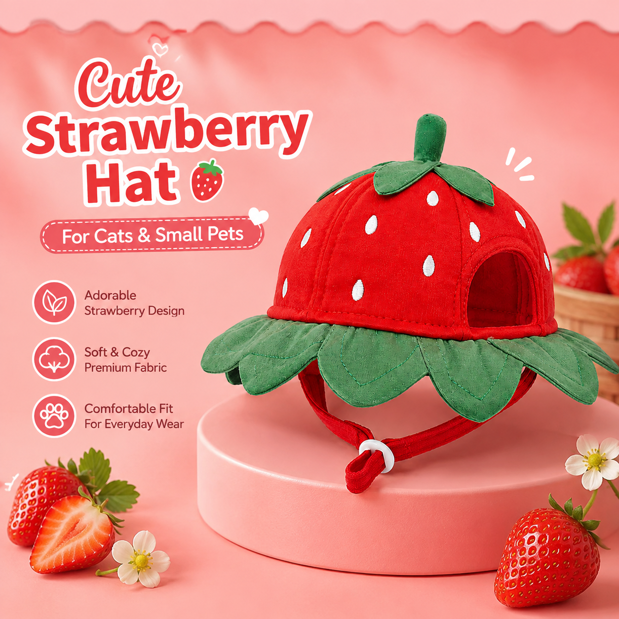I-bestworld Strawberry Pet Hat – Adjustable Fruit-Inspired Decorative Hat for Cats & Small Dogs