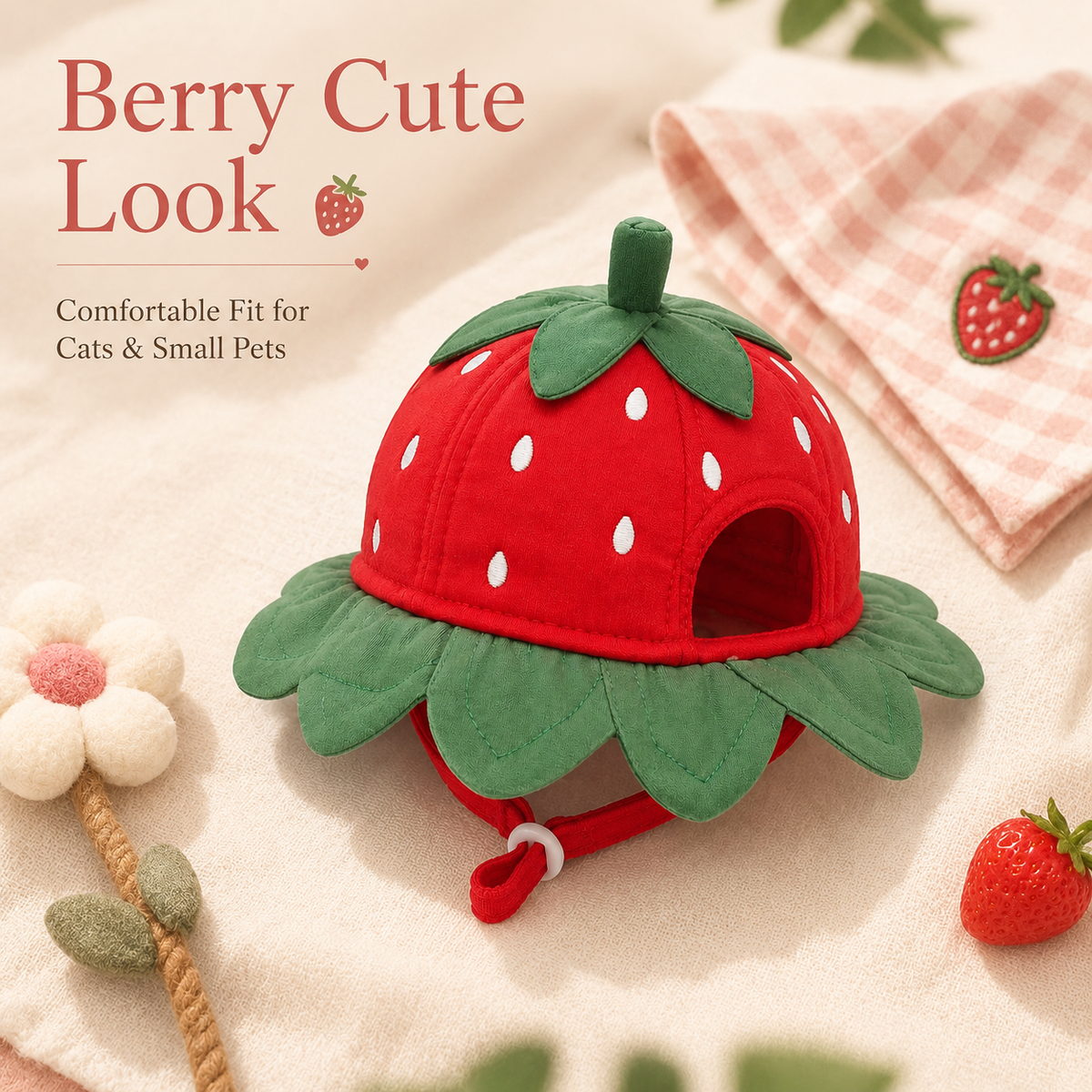 I-bestworld Strawberry Pet Hat – Adjustable Fruit-Inspired Decorative Hat for Cats & Small Dogs