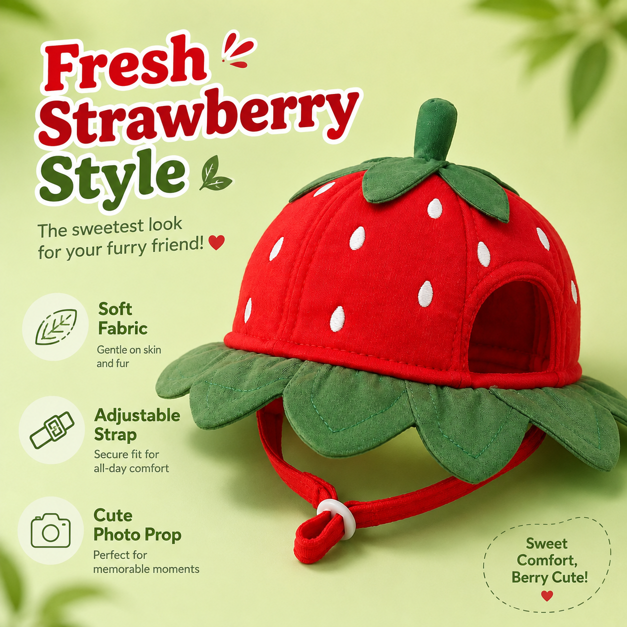 I-bestworld Strawberry Pet Hat – Adjustable Fruit-Inspired Decorative Hat for Cats & Small Dogs