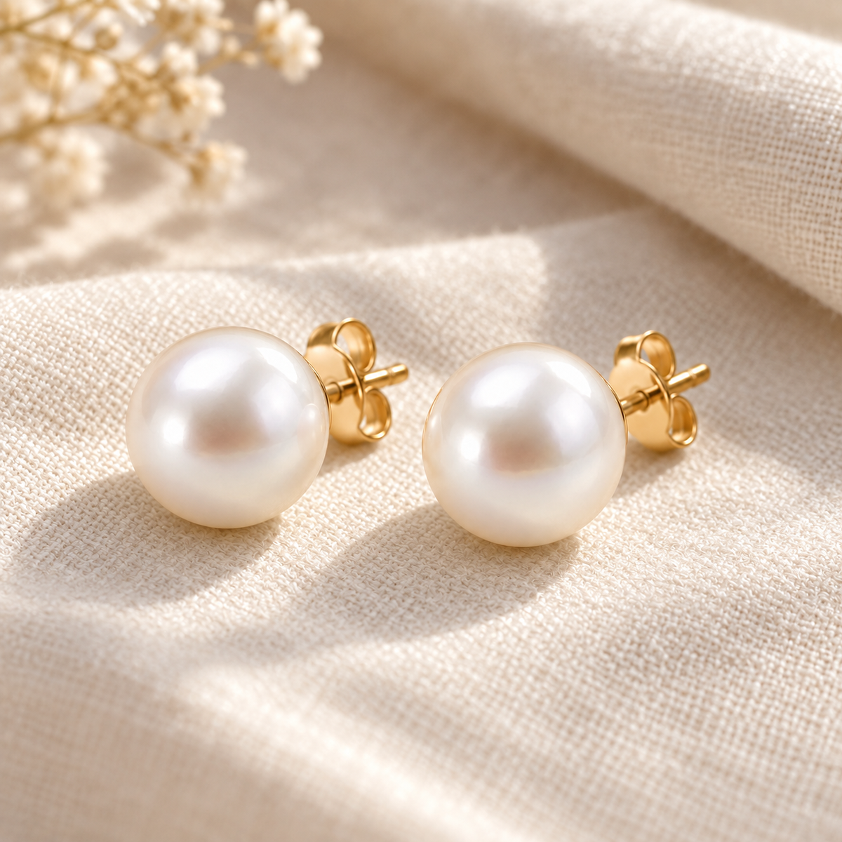 I-bestworld Classic Pearl Stud Earrings – Elegant Round Pearl Earrings with Gold-Tone Setting