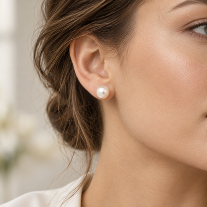 I-bestworld Classic Pearl Stud Earrings – Elegant Round Pearl Earrings with Gold-Tone Setting