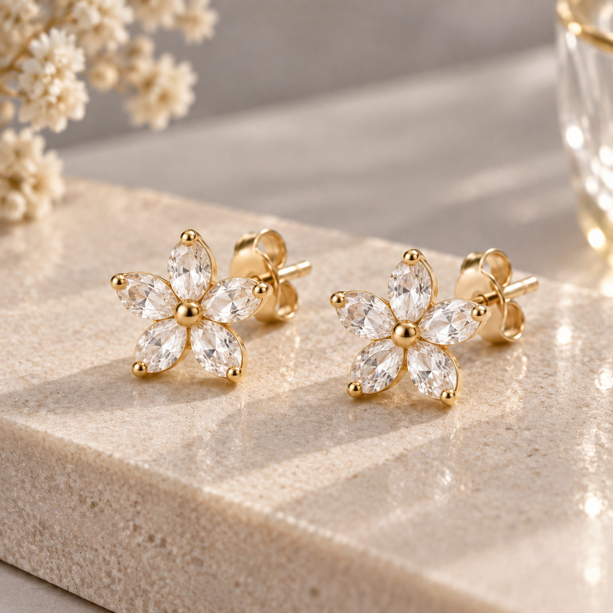 I-bestworld Crystal Flower Stud Earrings – Elegant Floral Earrings with Gold-Tone Setting