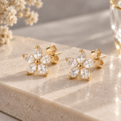 I-bestworld Crystal Flower Stud Earrings – Elegant Floral Earrings with Gold-Tone Setting