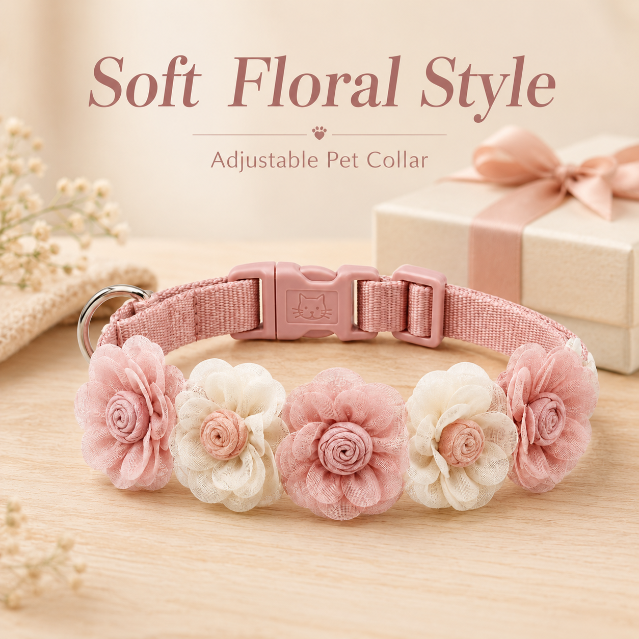 I-bestworld Blush Floral Pet Collar – Adjustable Pink Fabric Flower Collar for Cats & Dogs