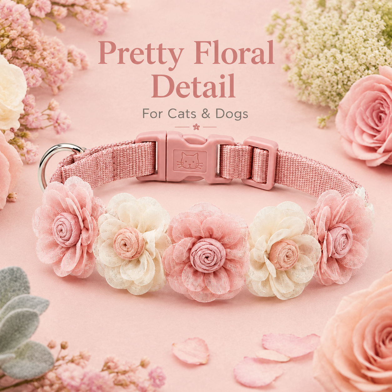 I-bestworld Blush Floral Pet Collar – Adjustable Pink Fabric Flower Collar for Cats & Dogs