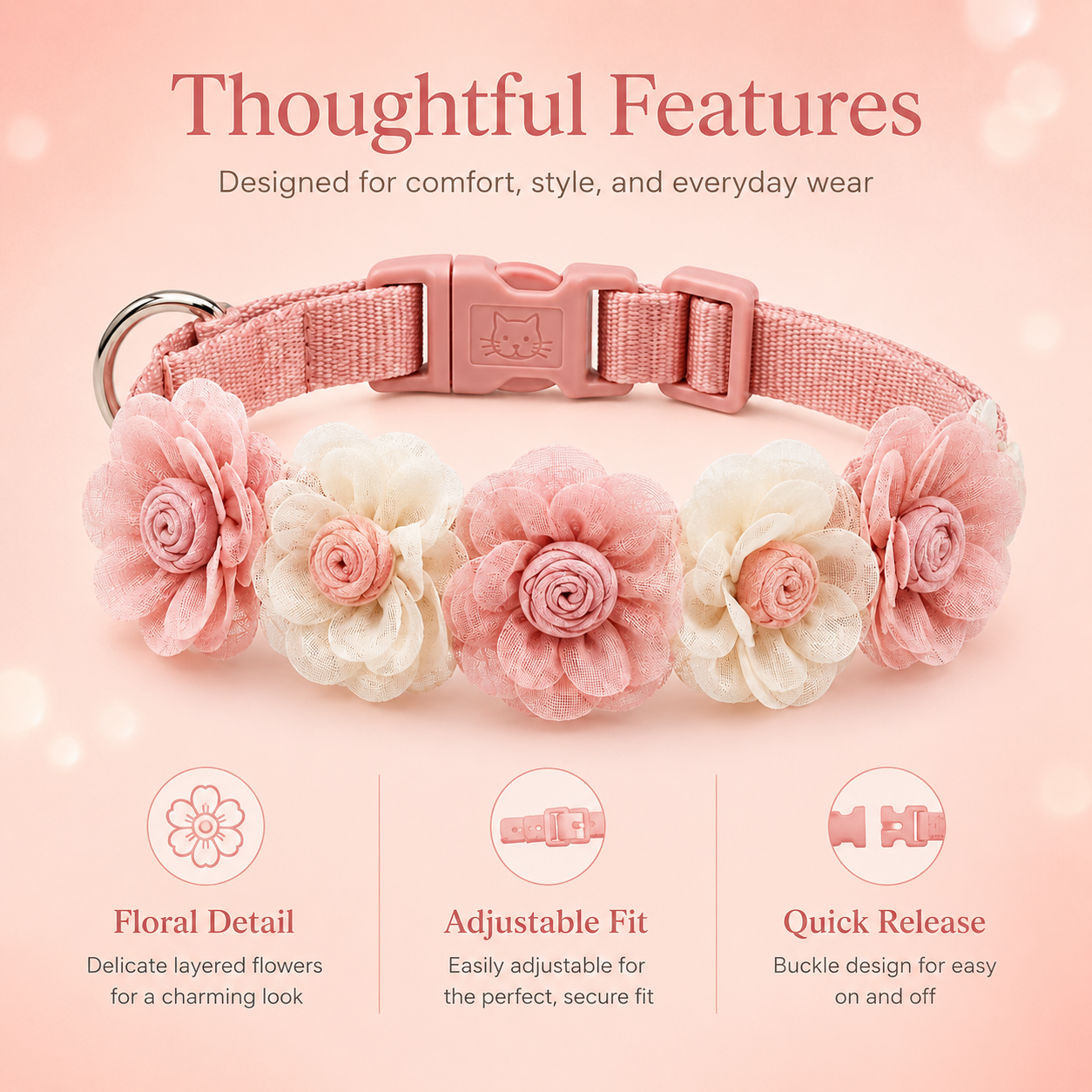 I-bestworld Blush Floral Pet Collar – Adjustable Pink Fabric Flower Collar for Cats & Dogs