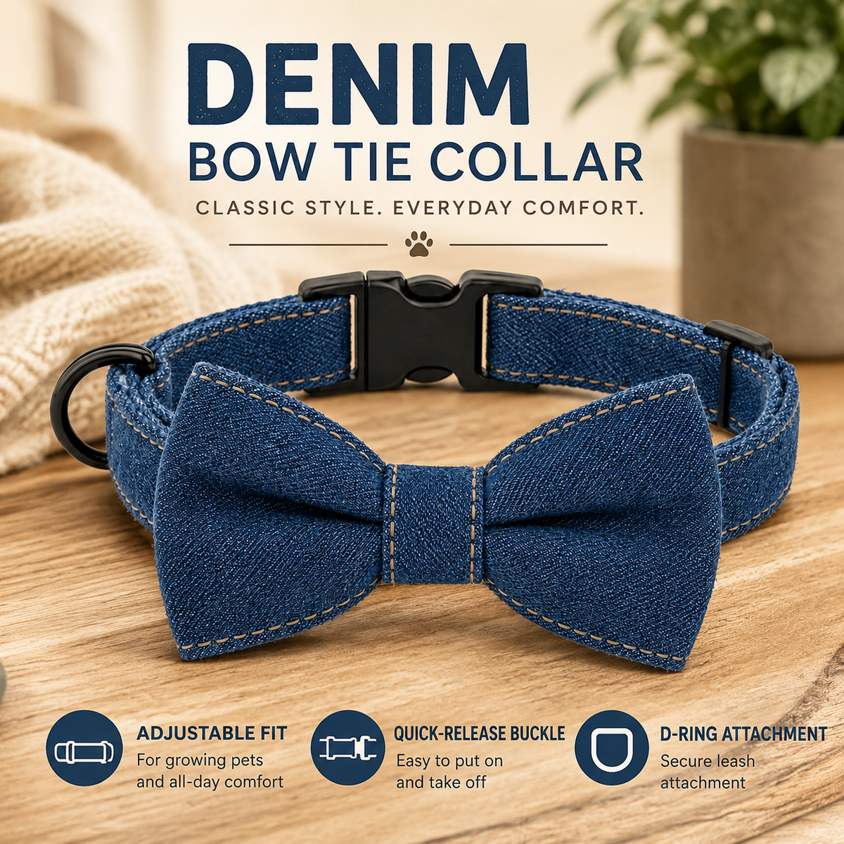 I-bestworld Denim Bow Tie Pet Collar – Adjustable Blue Collar for Cats & Dogs