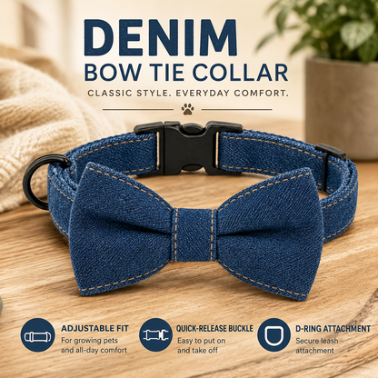 I-bestworld Denim Bow Tie Pet Collar – Adjustable Blue Collar for Cats & Dogs