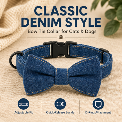 I-bestworld Denim Bow Tie Pet Collar – Adjustable Blue Collar for Cats & Dogs