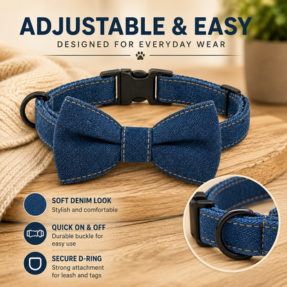 I-bestworld Denim Bow Tie Pet Collar – Adjustable Blue Collar for Cats & Dogs