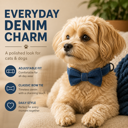 I-bestworld Denim Bow Tie Pet Collar – Adjustable Blue Collar for Cats & Dogs