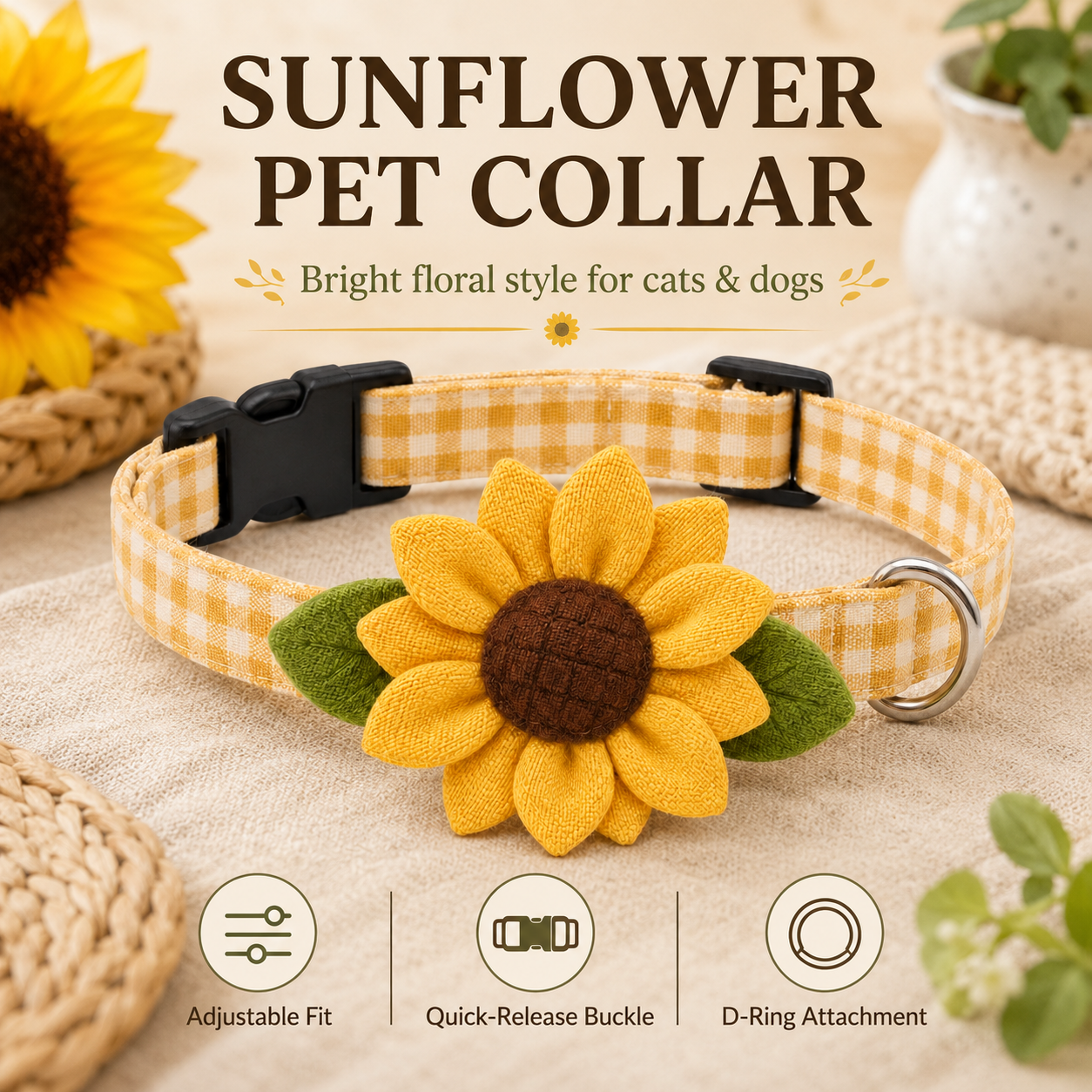 I-bestworld Sunflower Plaid Pet Collar – Adjustable Floral Collar for Cats & Dogs