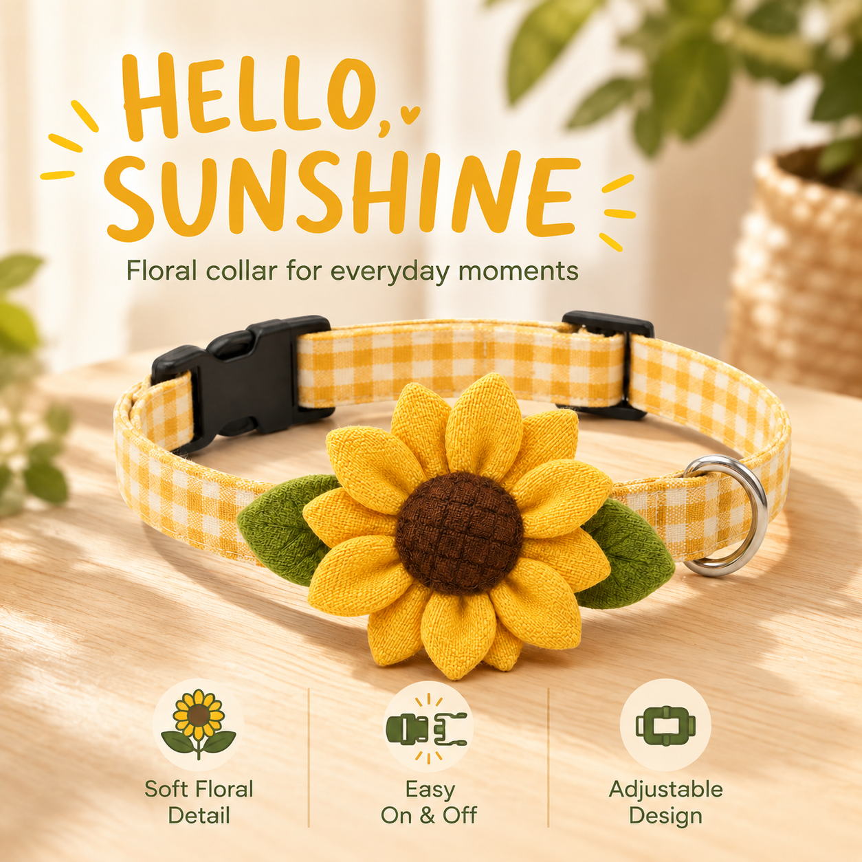 I-bestworld Sunflower Plaid Pet Collar – Adjustable Floral Collar for Cats & Dogs