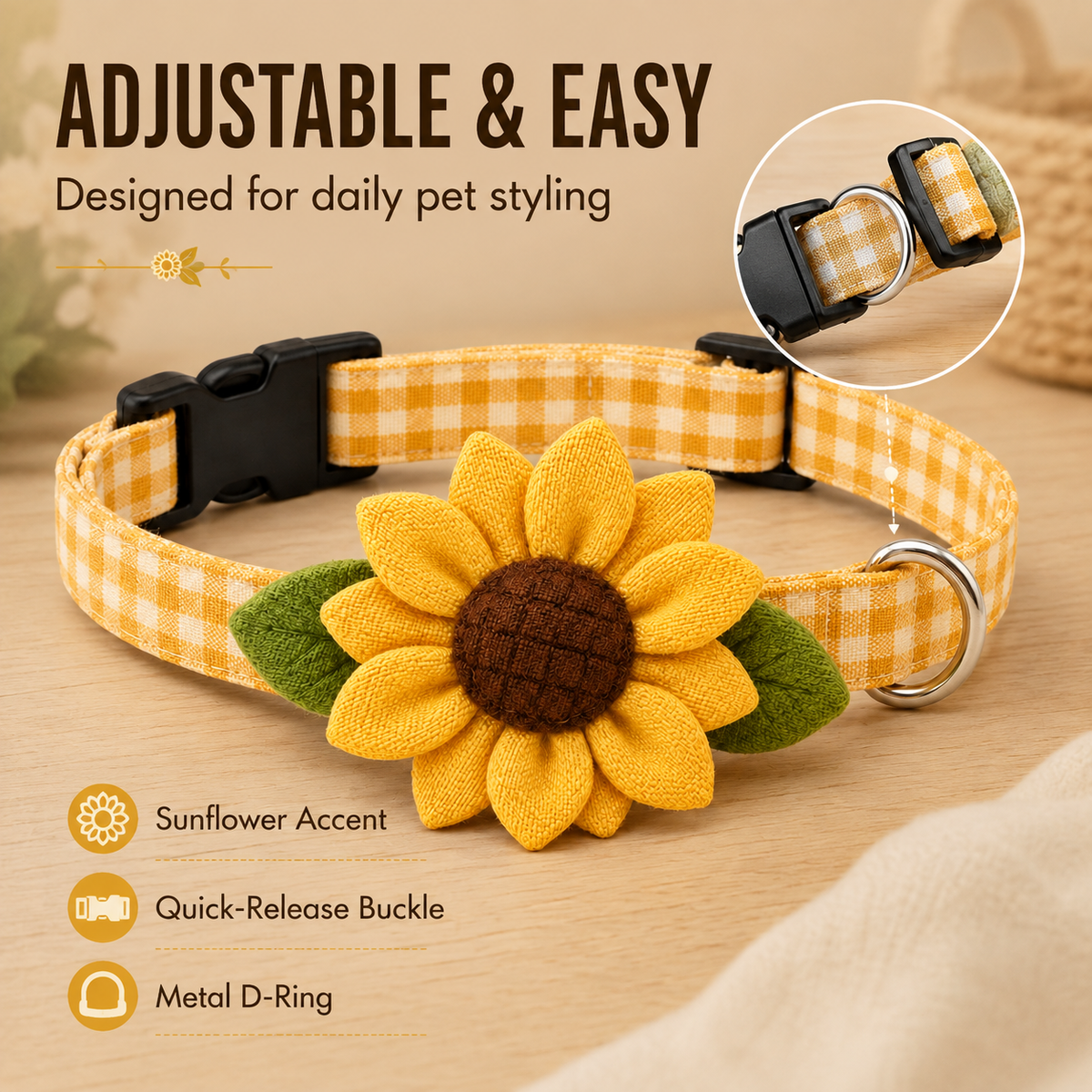 I-bestworld Sunflower Plaid Pet Collar – Adjustable Floral Collar for Cats & Dogs